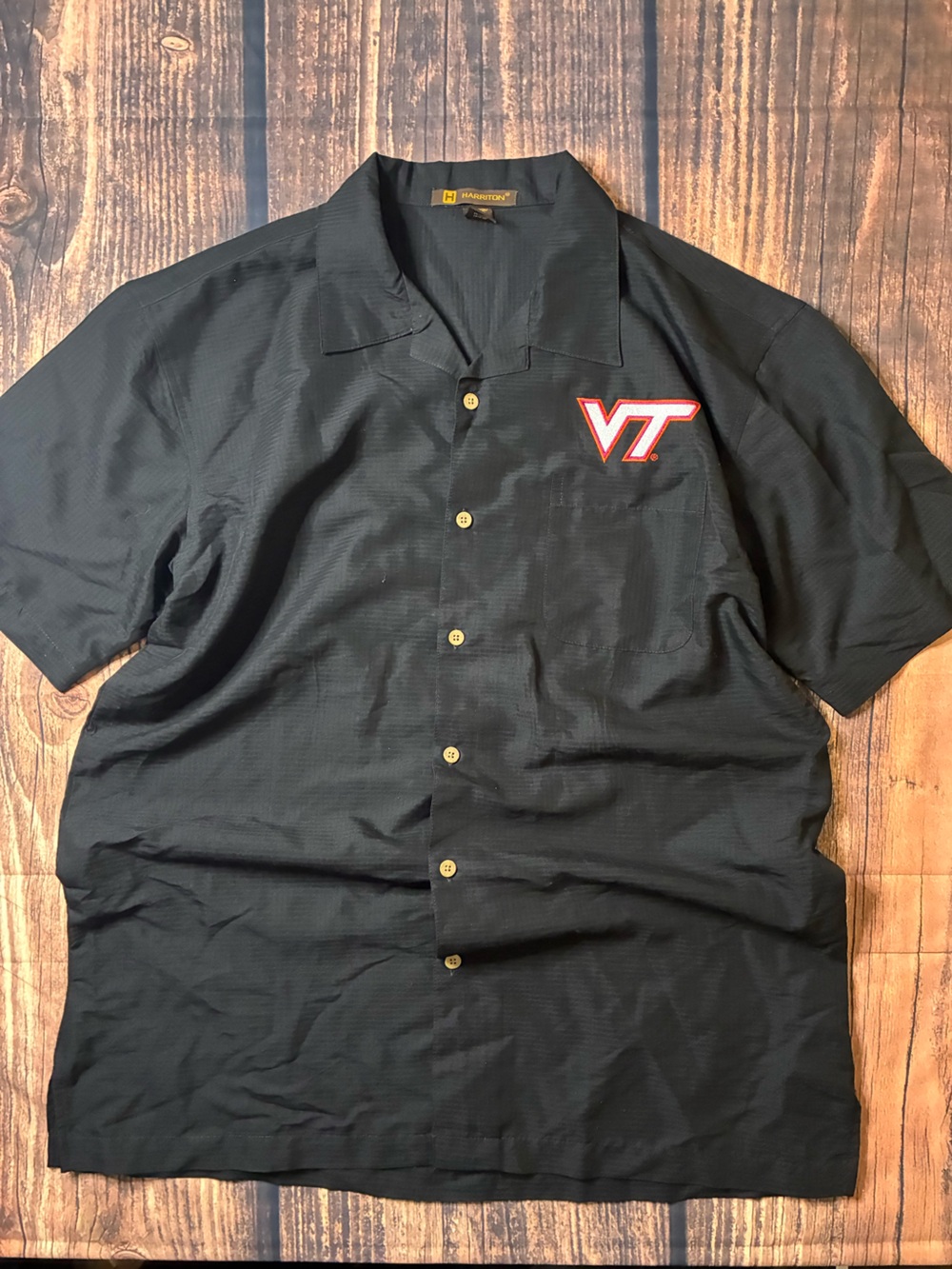 Black Short-Sleeve Button-Up Shirt with Embroidered Virgina Tech Logo